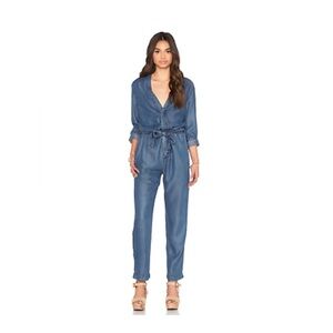 Free people woman Denim  jumpsuit size 6 blue belted full button V-neck long